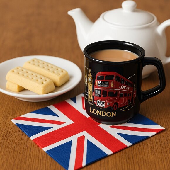 Vintage London Souvenir Mug | Black Red & Metallic Gold Bus, Big Ben & Guardsman - Picture 1 of 9